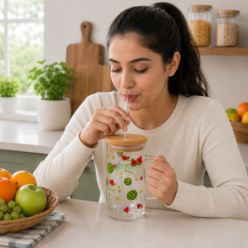 Glass Tumbler with Bamboo Lid and Straw - Transparent Handle (YM1753)