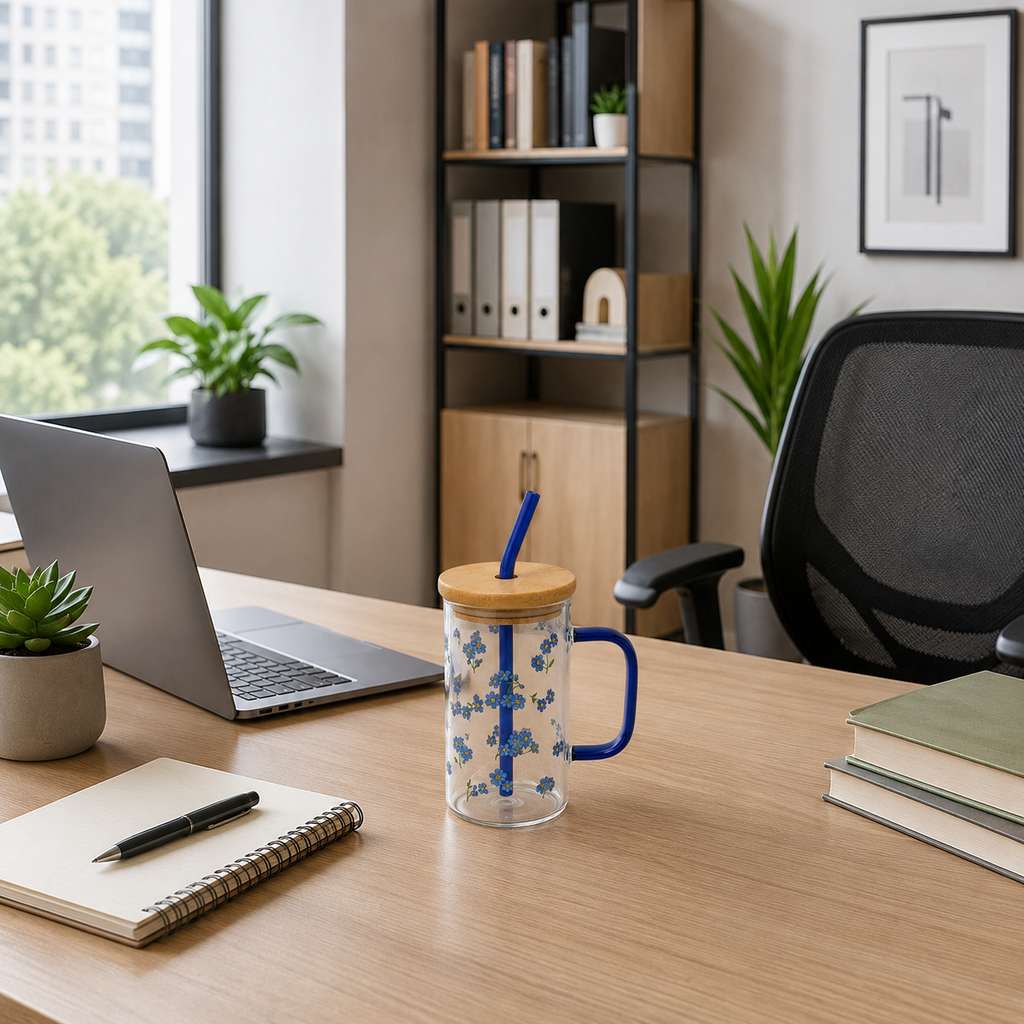 Glass Tumbler with Bamboo Lid and Straw - Blue Handle (YM1753)