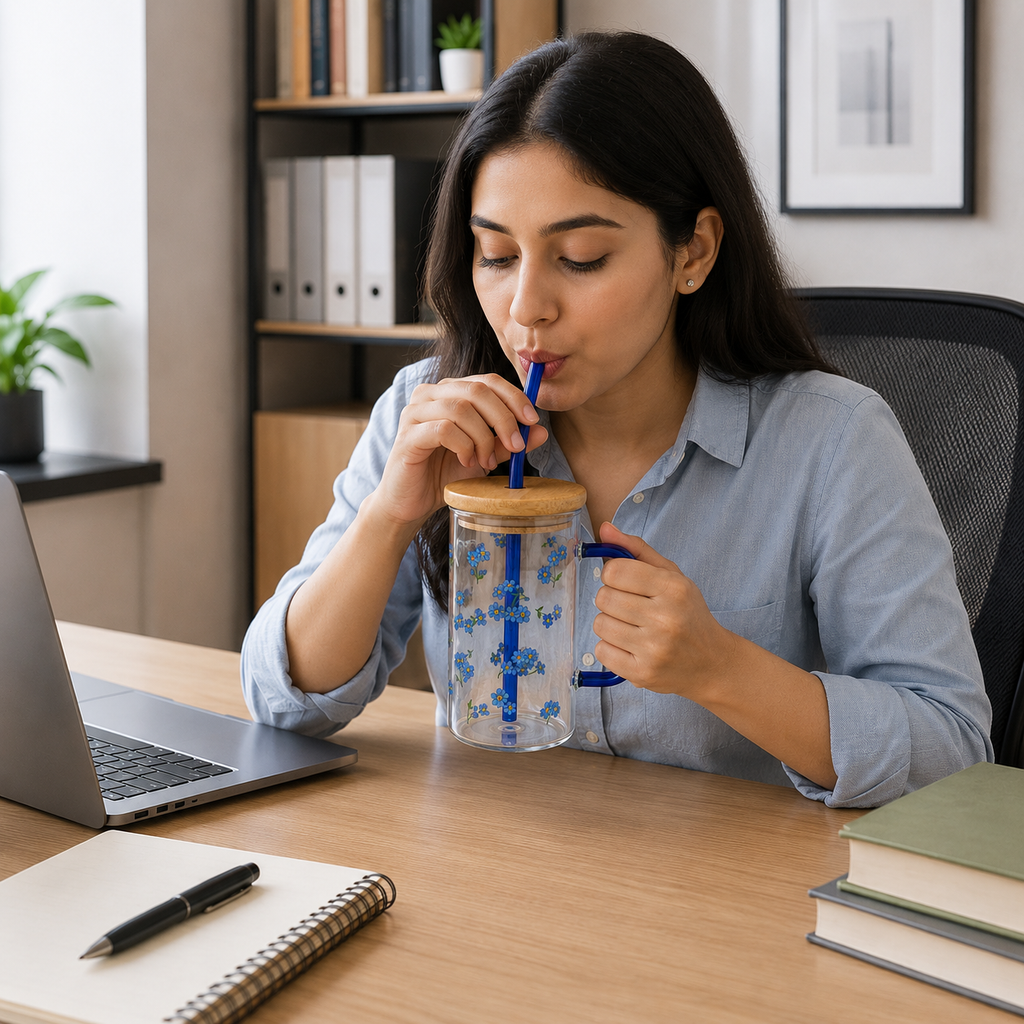 Glass Tumbler with Bamboo Lid and Straw - Blue Handle (YM1753)