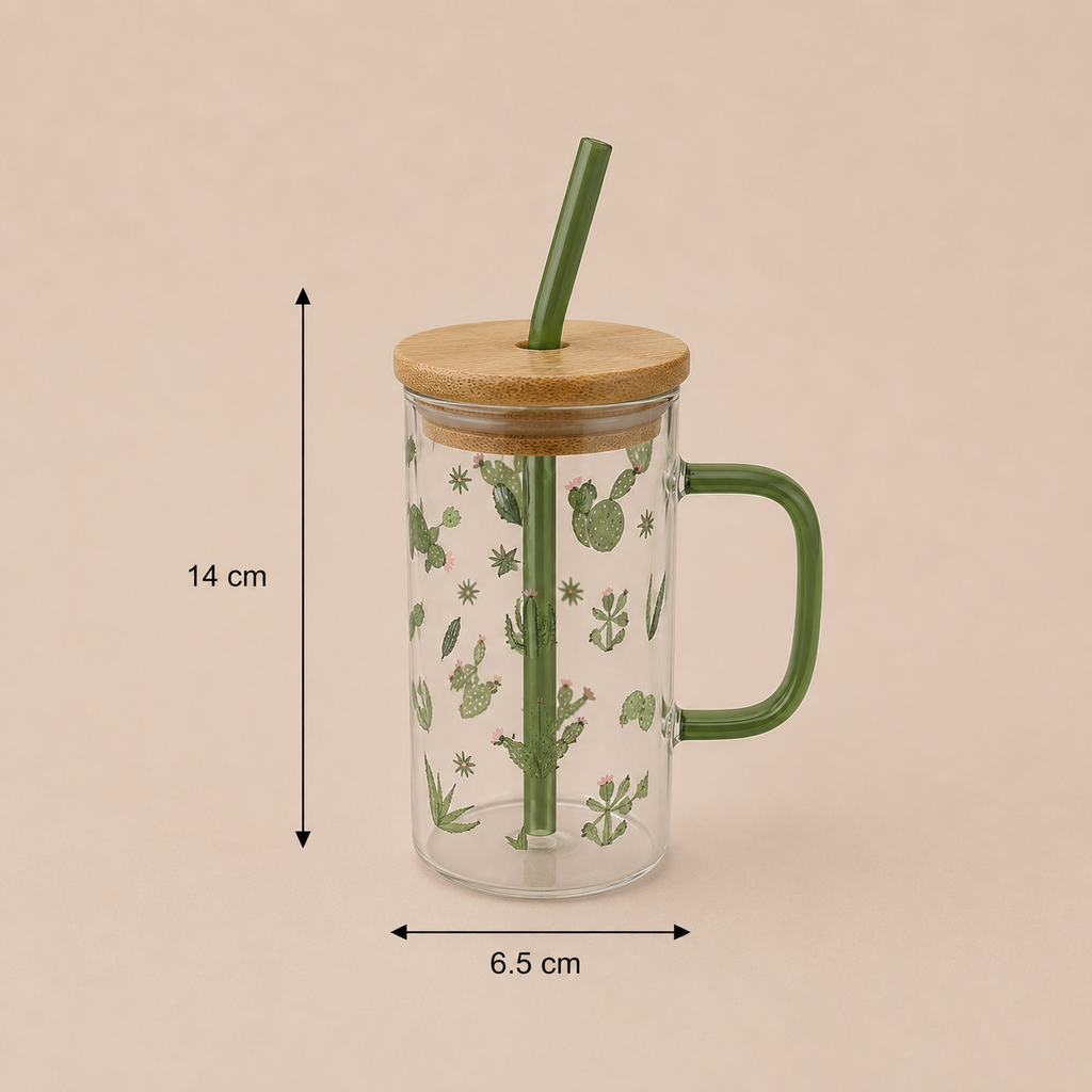 Glass Tumbler with Bamboo Lid and Straw - Green Handle (YM1753)
