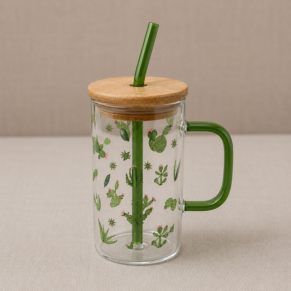 Glass Tumbler with Bamboo Lid and Straw - Green Handle (YM1753)