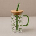 Glass Tumbler with Bamboo Lid and Straw - Green Handle (YM1753)