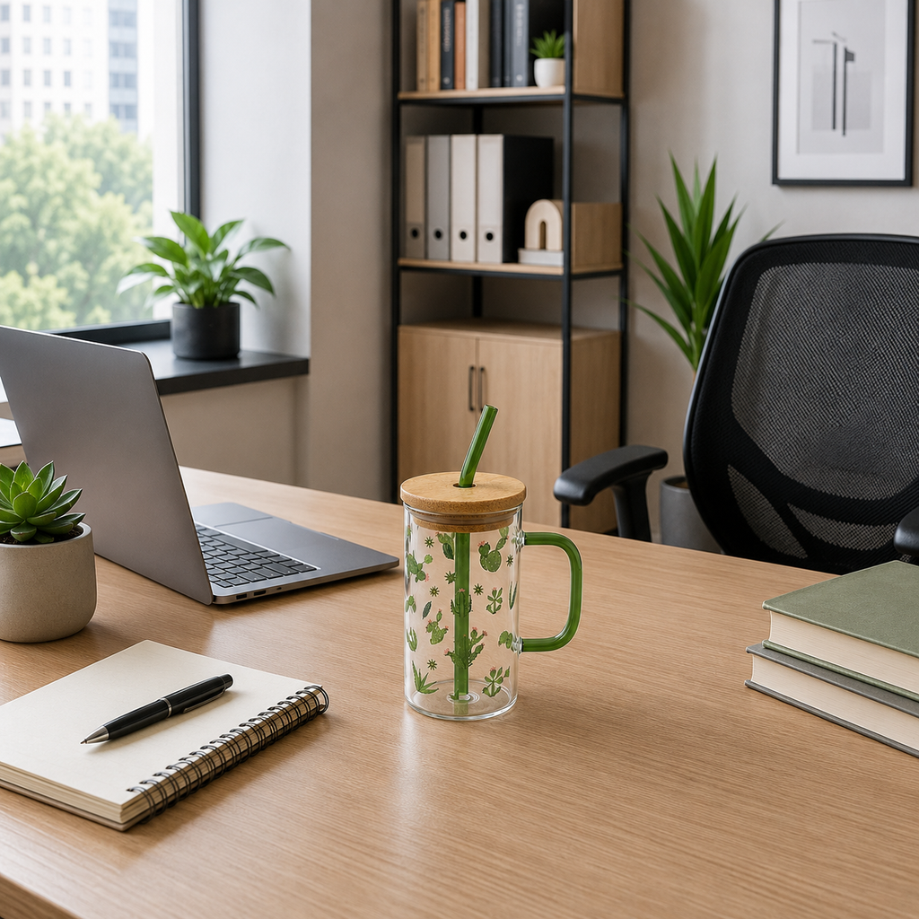 Glass Tumbler with Bamboo Lid and Straw - Green Handle (YM1753)