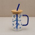 Glass Tumbler with Bamboo Lid and Straw - Blue Handle (YM1753)