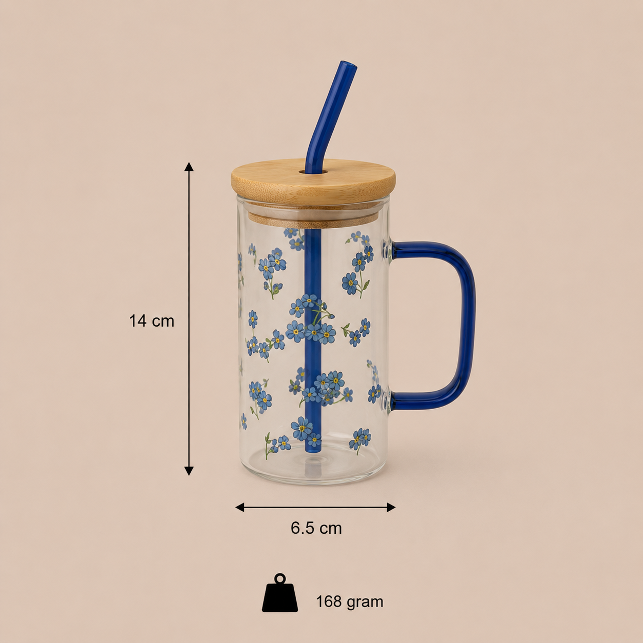 Glass Tumbler with Bamboo Lid and Straw - Blue Handle (YM1753)
