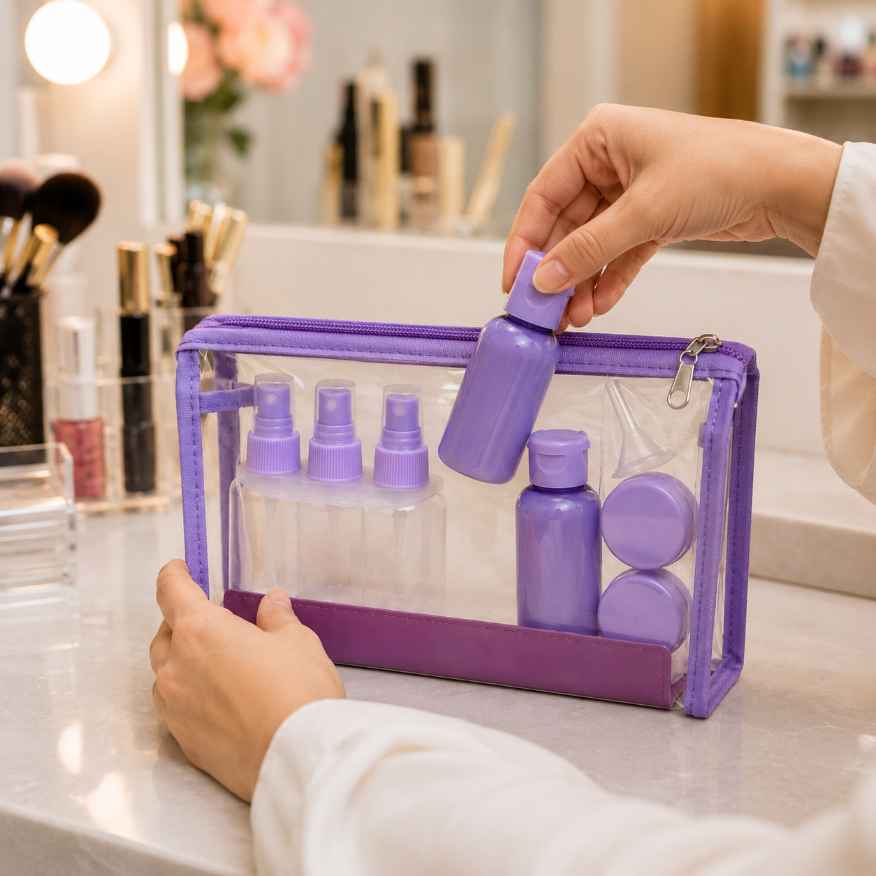 Purple Transparent Travel Toiletry Bag Organizer Set (YM962)