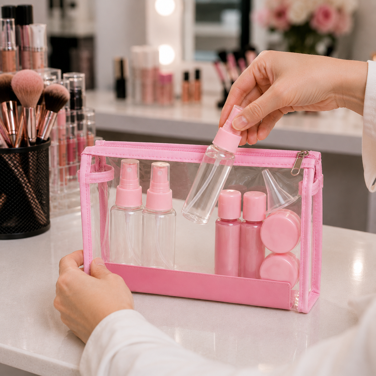 Pink Transparent Travel Toiletry Bag Organizer Set (YM962)