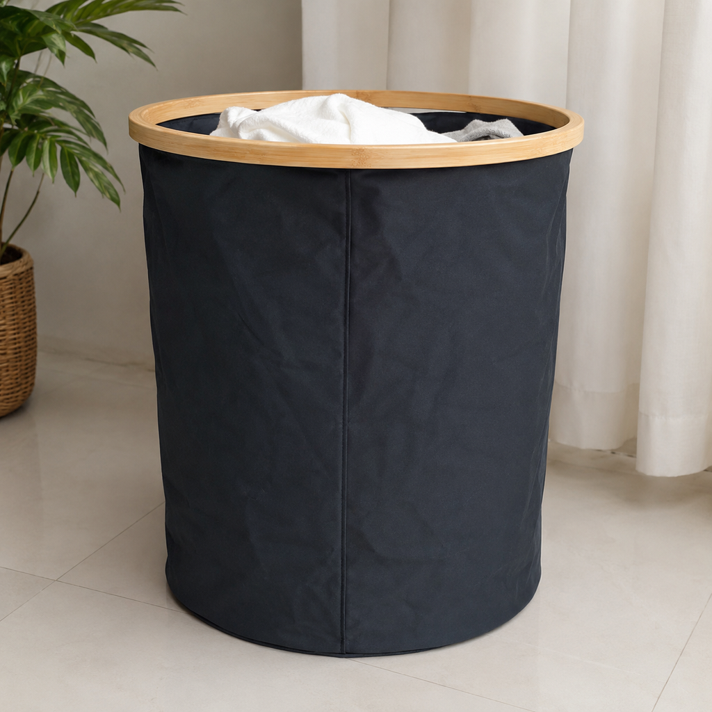 Round Fabric Laundry Basket with Bamboo Rim (YM442)