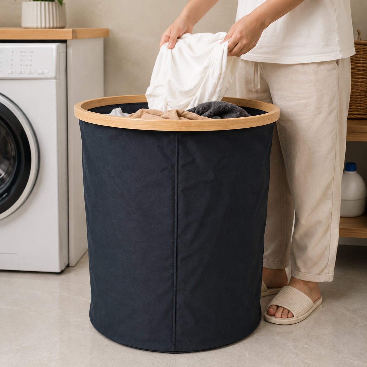 Round Fabric Laundry Basket with Bamboo Rim (YM442)