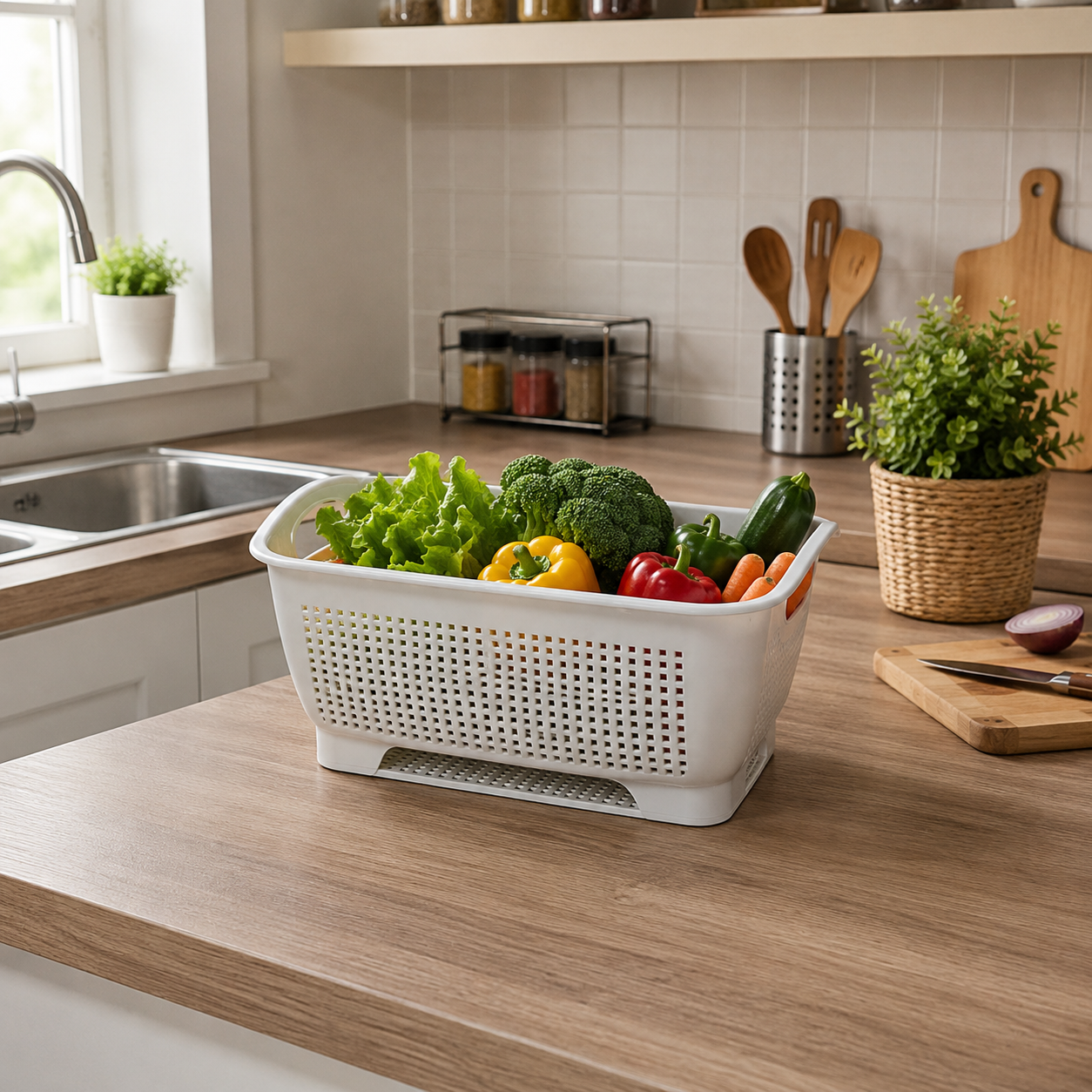 Large White Plastic Colander Basket with Handles (YM329)
