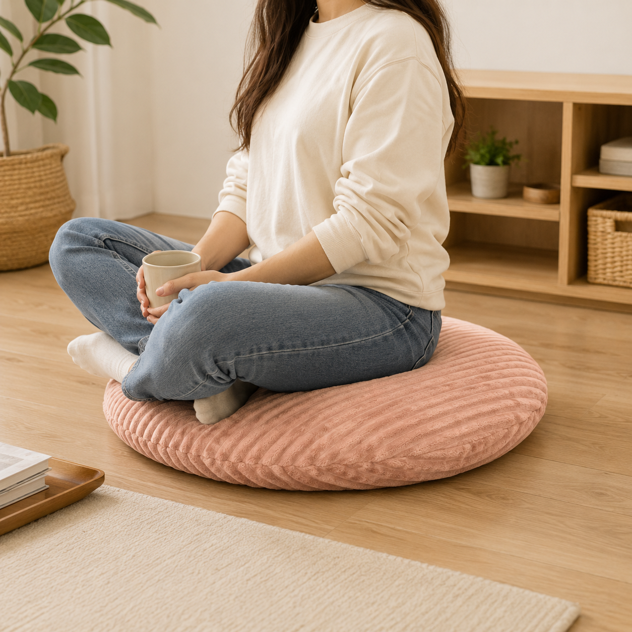 Corduroy Round Floor Cushion - Pink (YM1869)