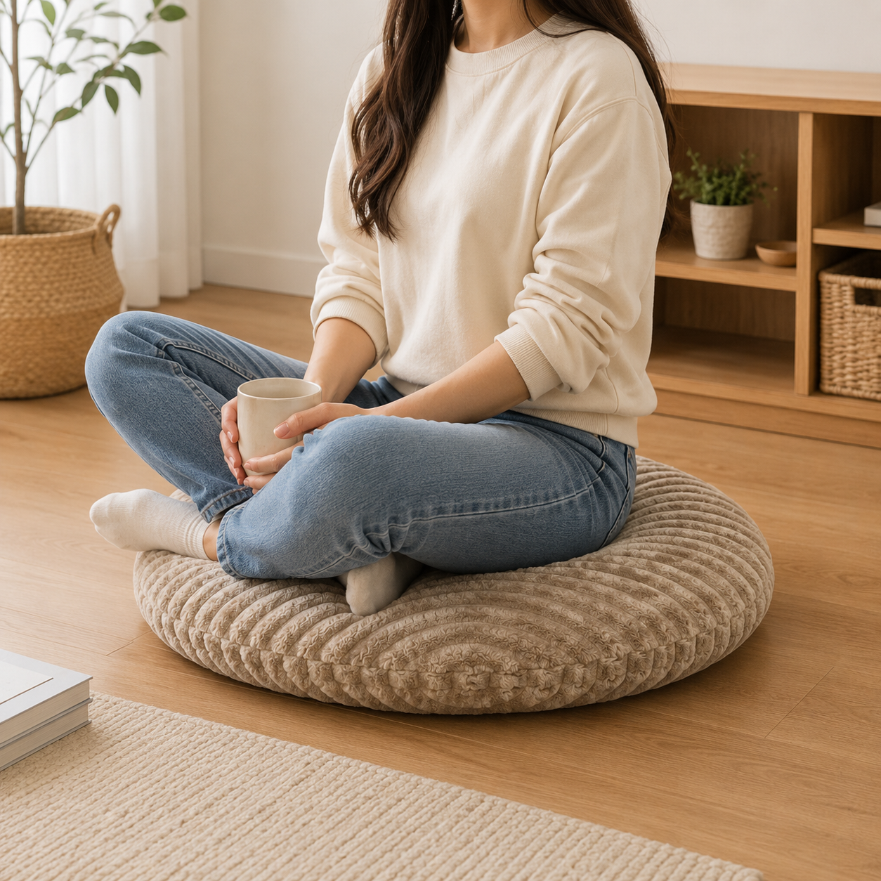 Corduroy Round Floor Cushion - Beige (YM1869)
