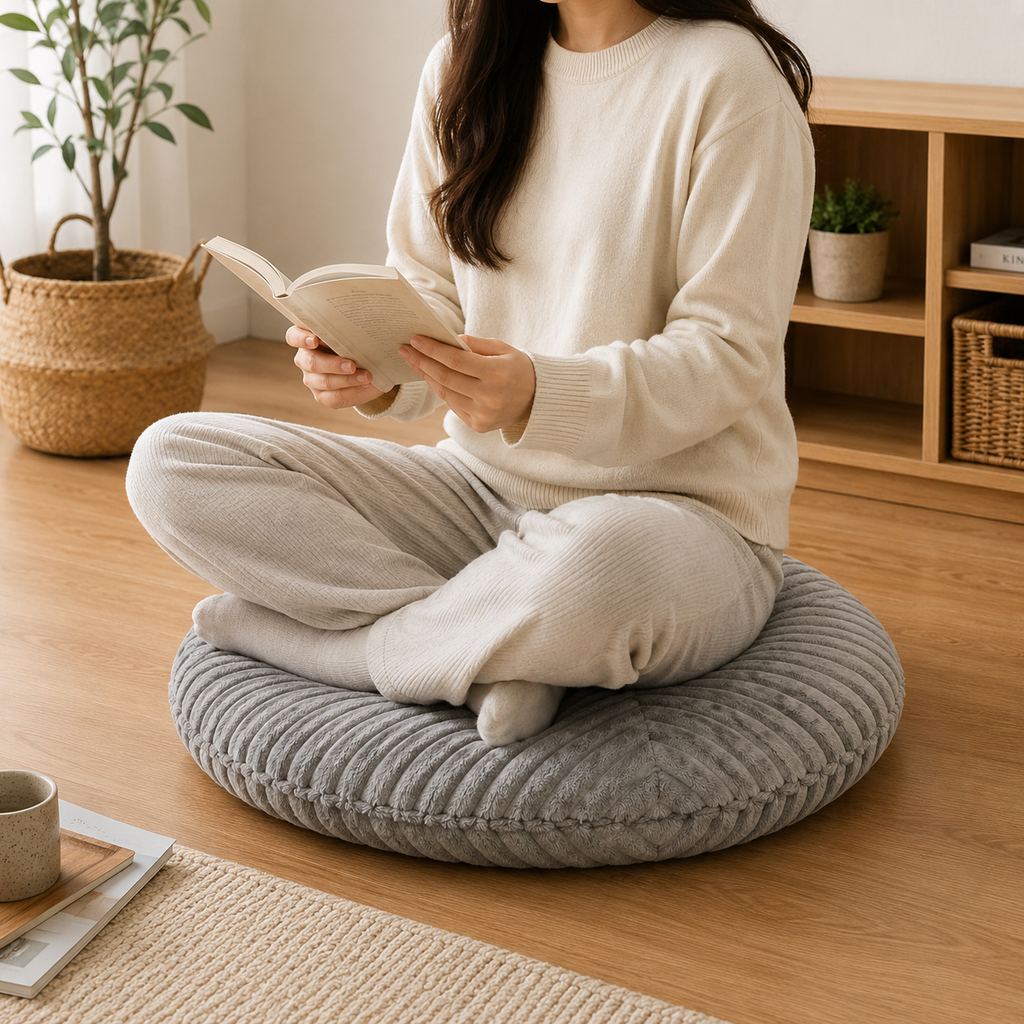 Corduroy Round Floor Cushion - Light Grey (YM1869)