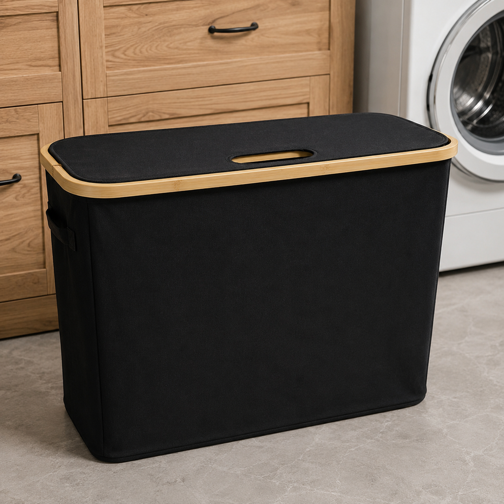 Fabric Storage Basket with Bamboo Lid - Black (YM1890)