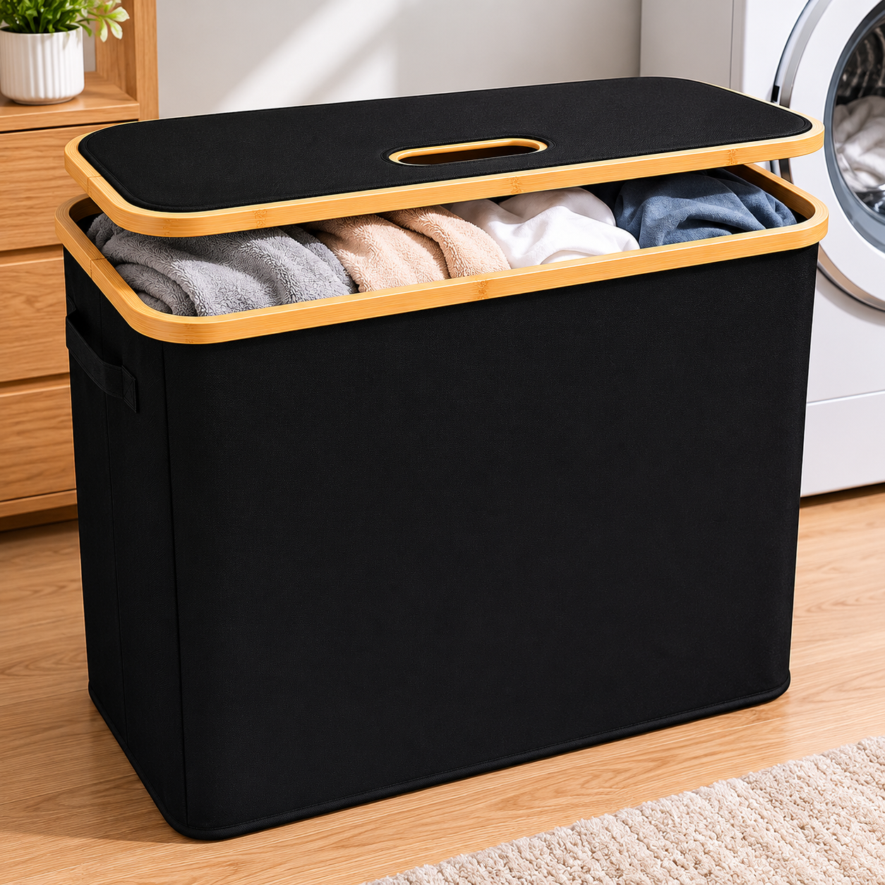 Fabric Storage Basket with Bamboo Lid - Black (YM1890)