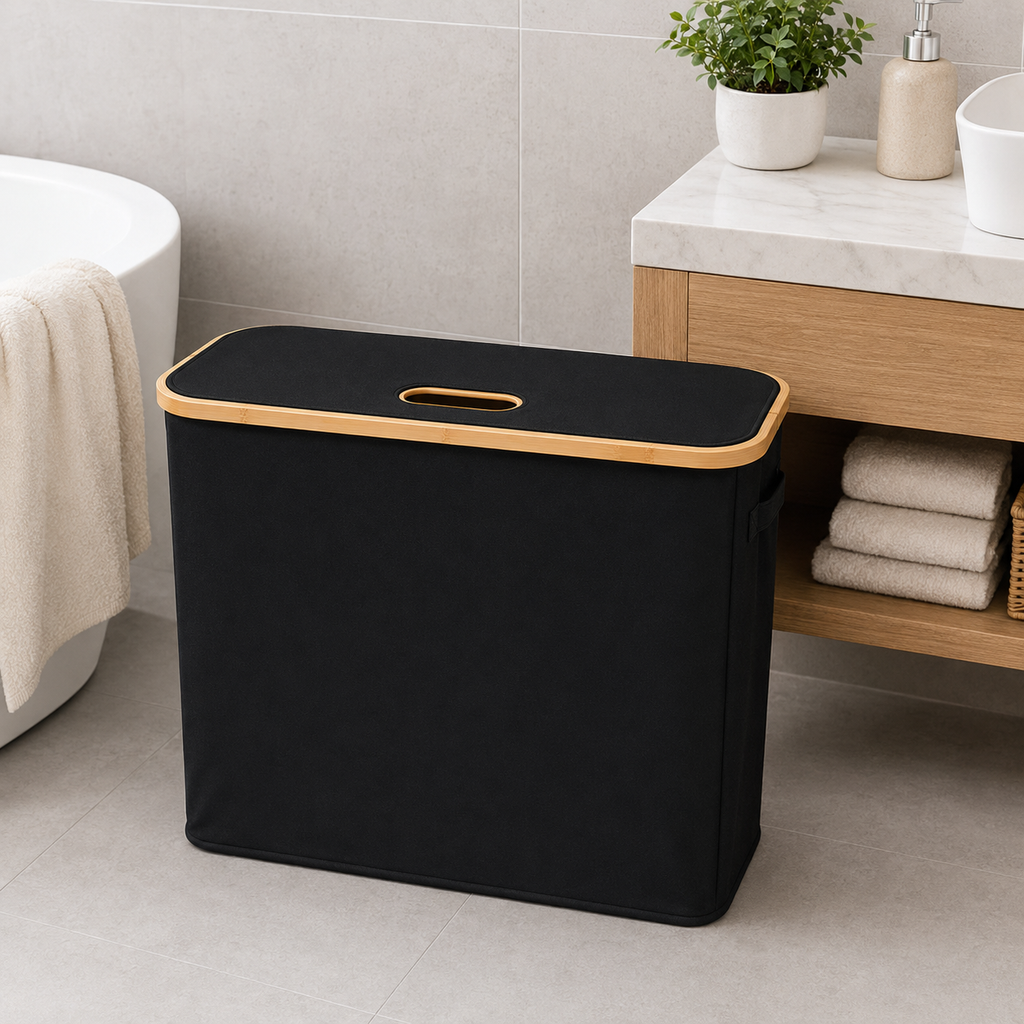 Fabric Storage Basket with Bamboo Lid - Black (YM1890)