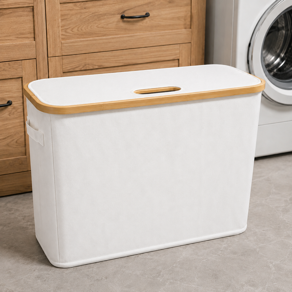 Fabric Storage Basket with Bamboo Lid - White (YM1890)