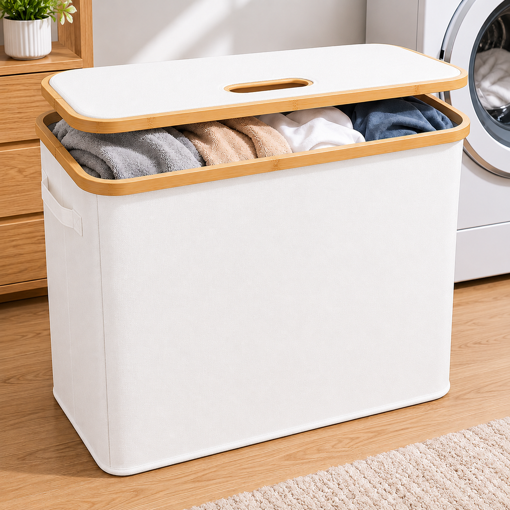 Fabric Storage Basket with Bamboo Lid - White (YM1890)