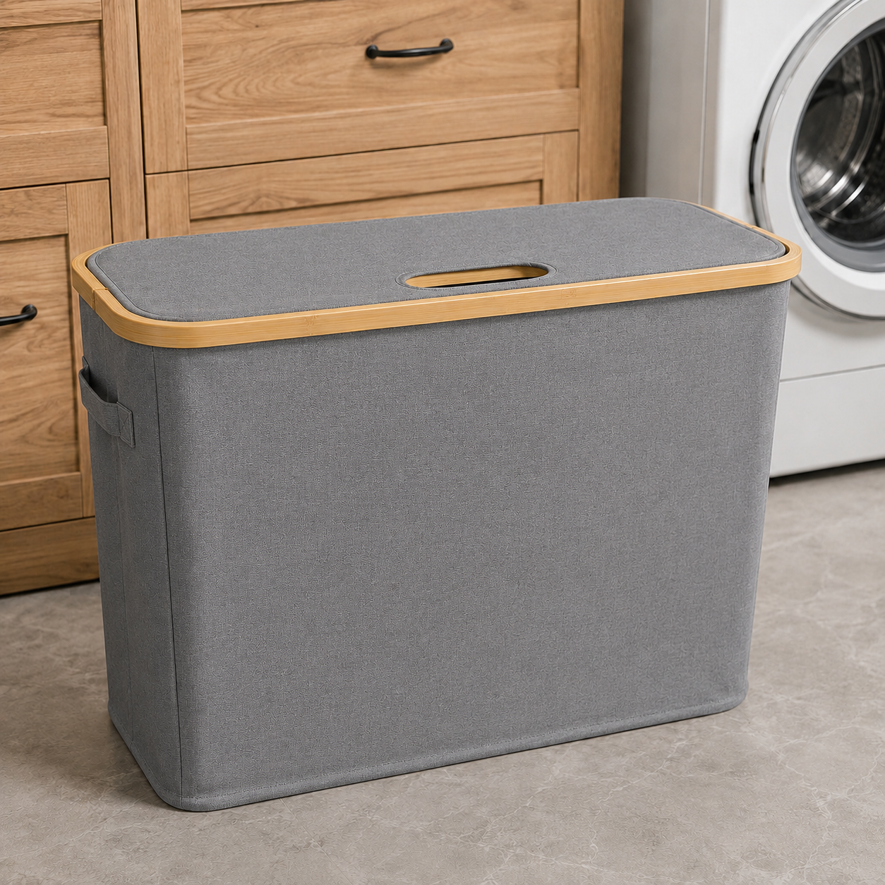 Fabric Storage Basket with Bamboo Lid - Grey (YM1890)