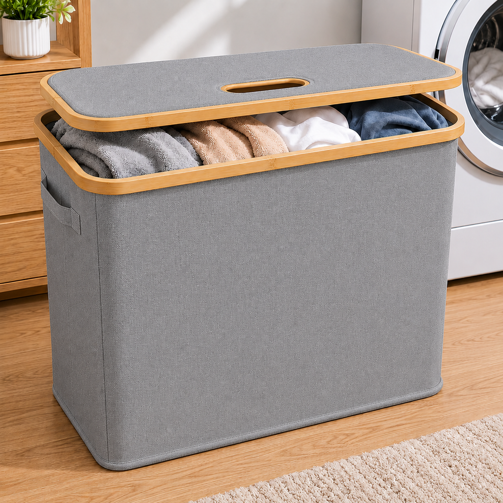 Fabric Storage Basket with Bamboo Lid - Grey (YM1890)