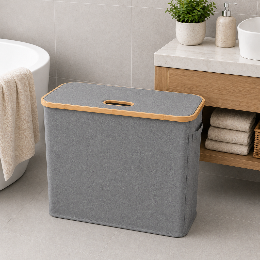 Fabric Storage Basket with Bamboo Lid - Grey (YM1890)