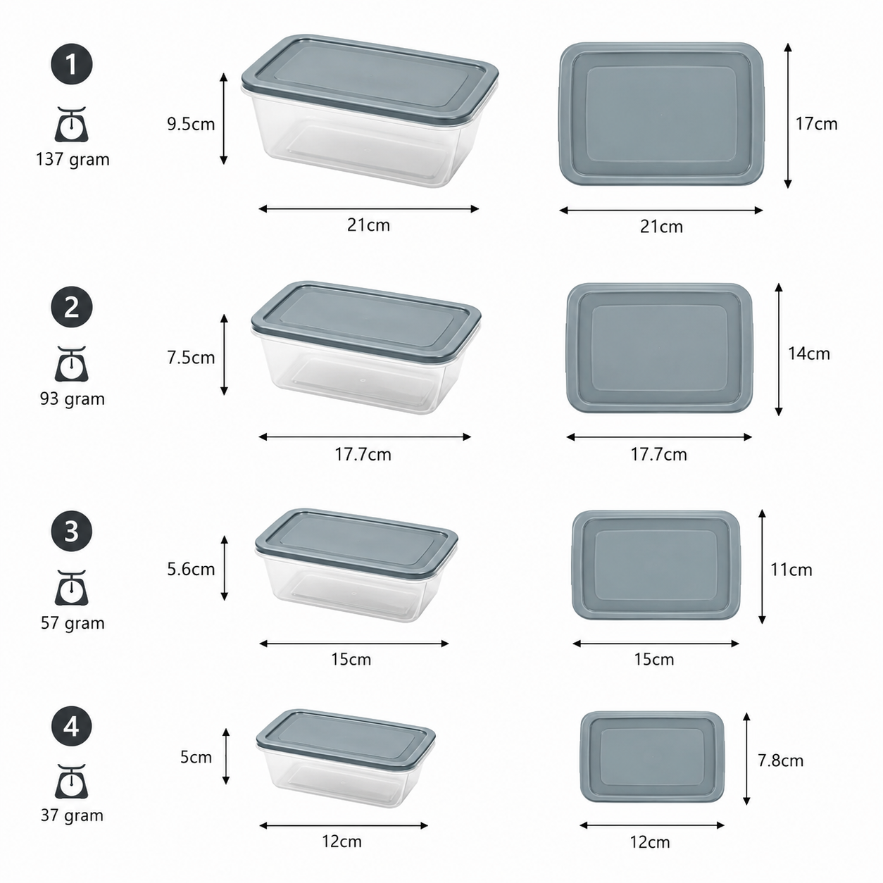 4-Piece Grey Rectangular Plastic Food Storage Containers Set (YM2725)