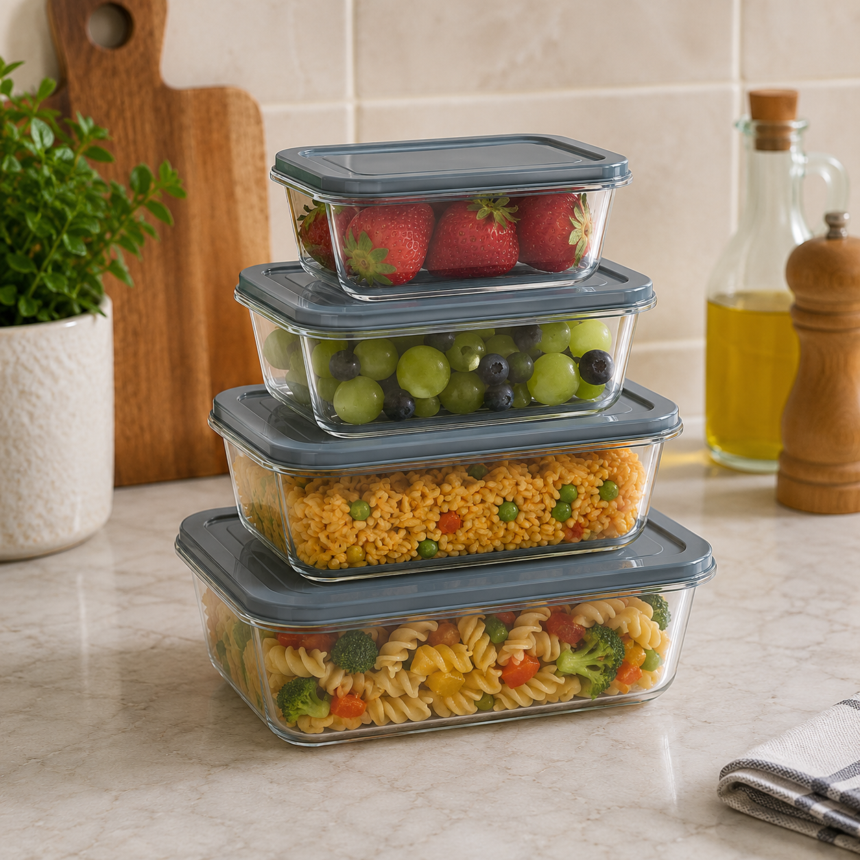 4-Piece Grey Rectangular Plastic Food Storage Containers Set (YM2725)