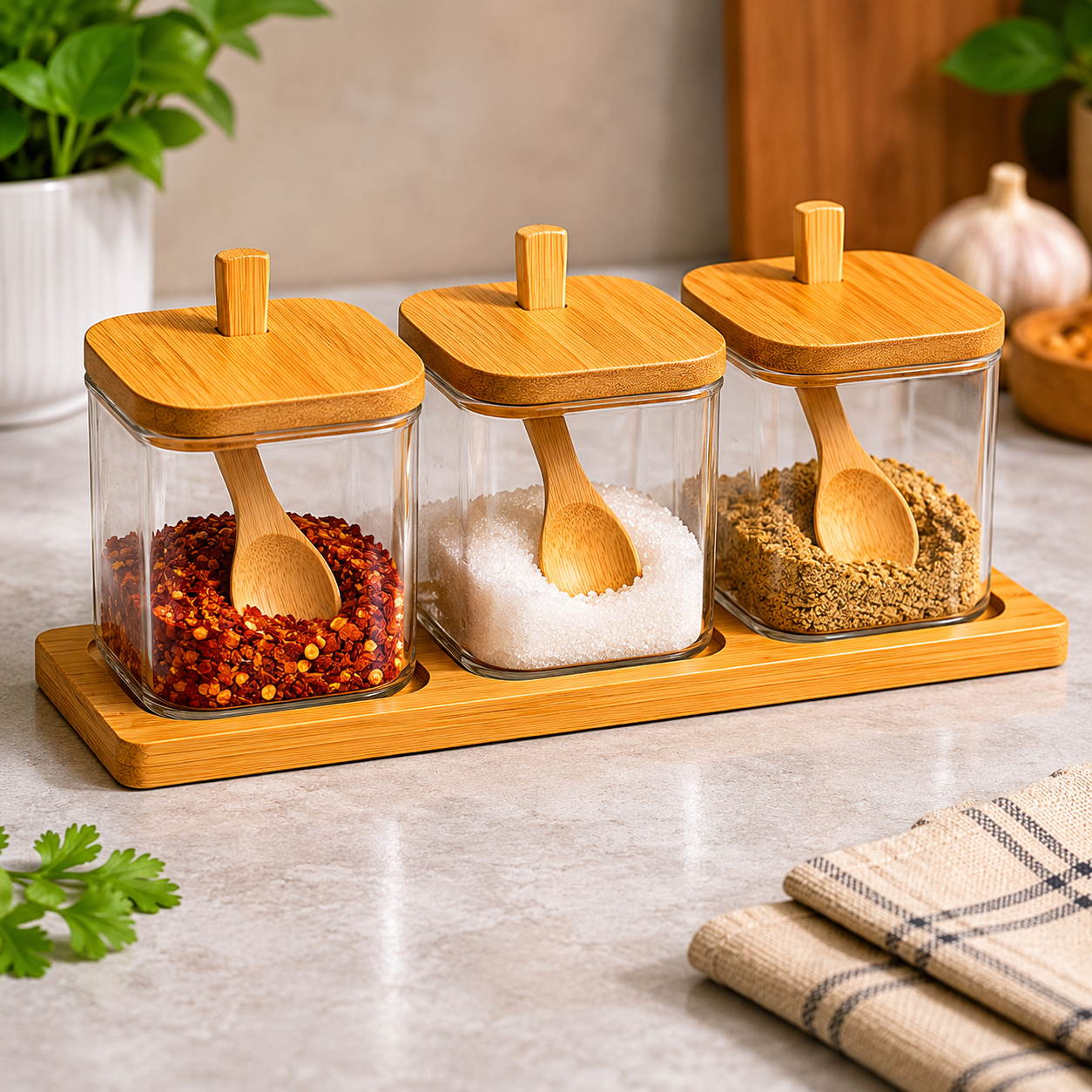 Glass Storage Jar with Bamboo Lid & Spoon (YM066)