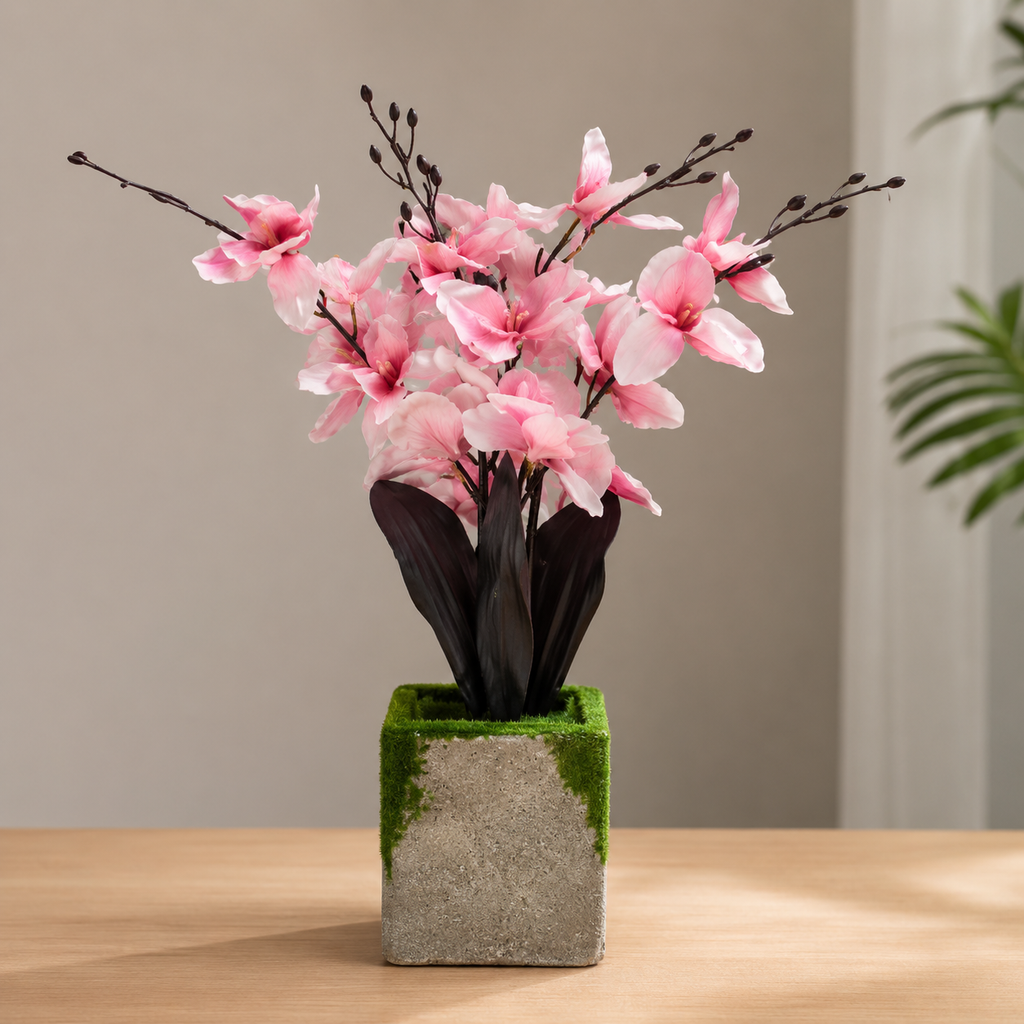 Artificial Pink Orchid Arrangement in Square Moss Pot (YM1007)