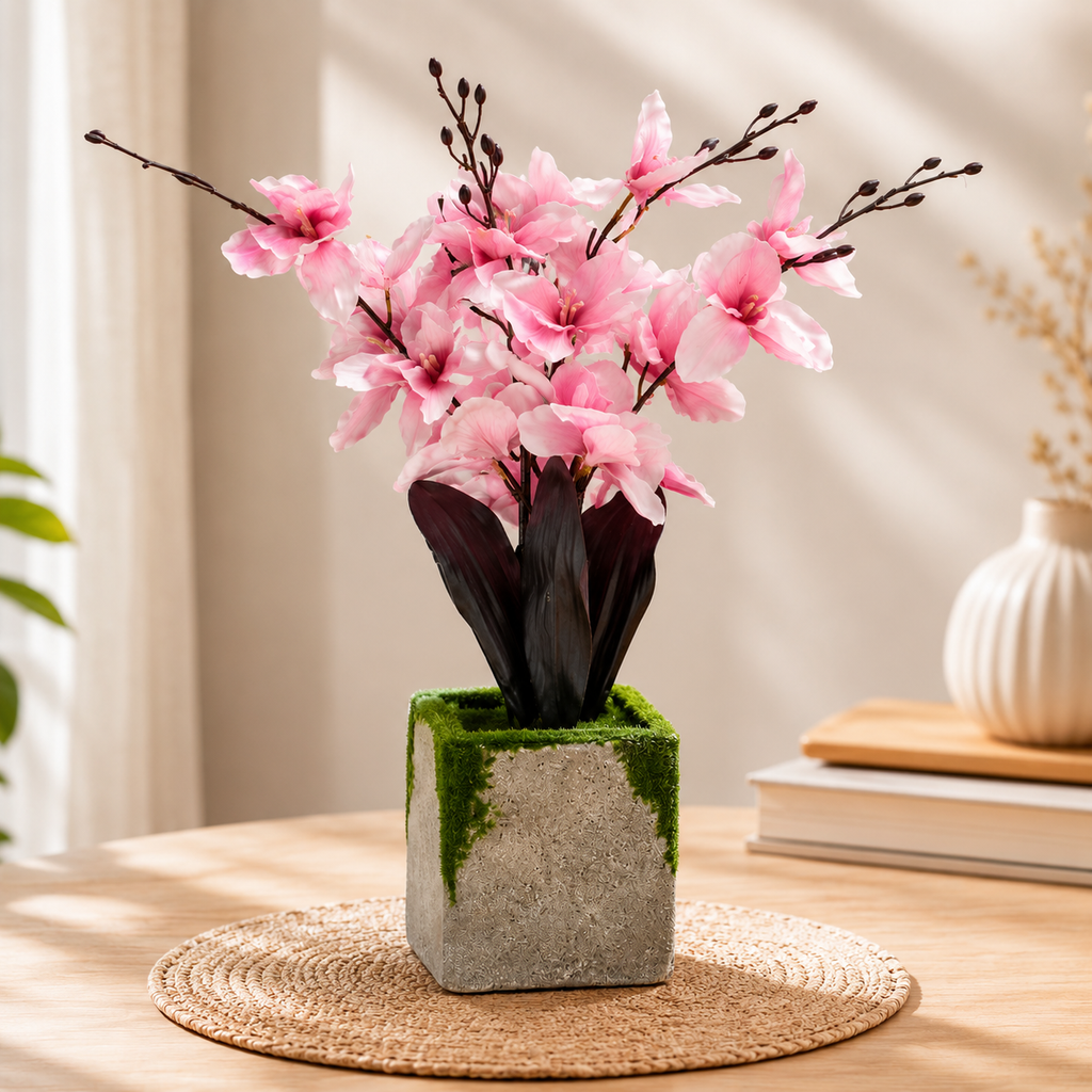 Artificial Pink Orchid Arrangement in Square Moss Pot (YM1007)