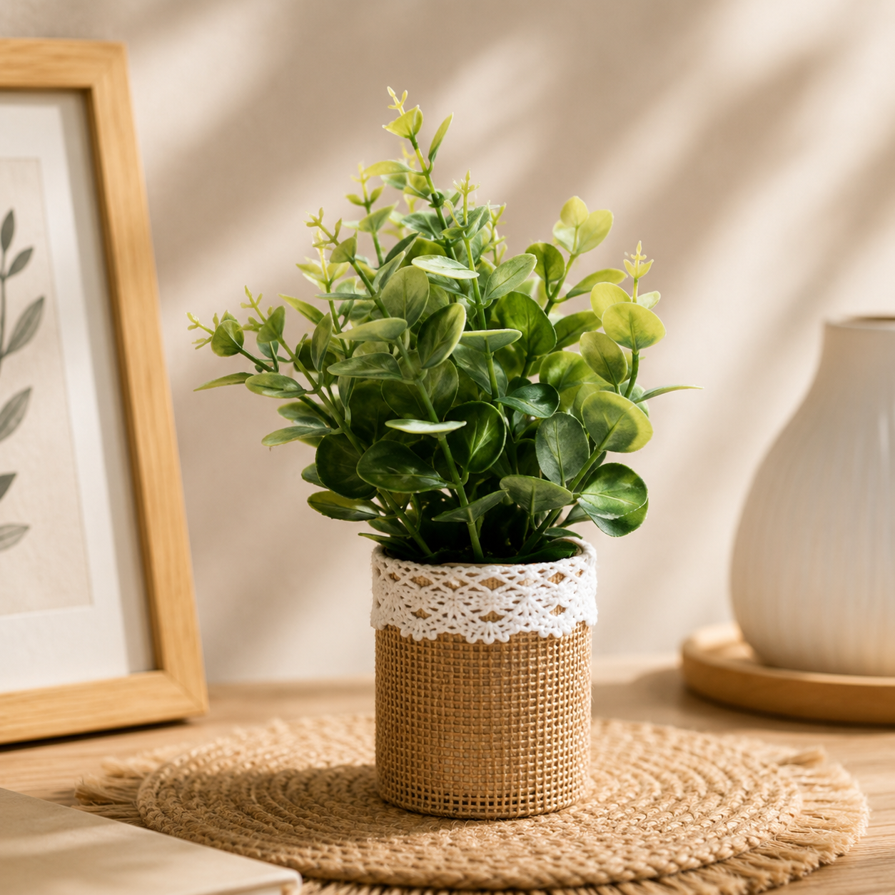 Artificial Eucalyptus Plant in Burlap Lace Pot - Green (YM1002)