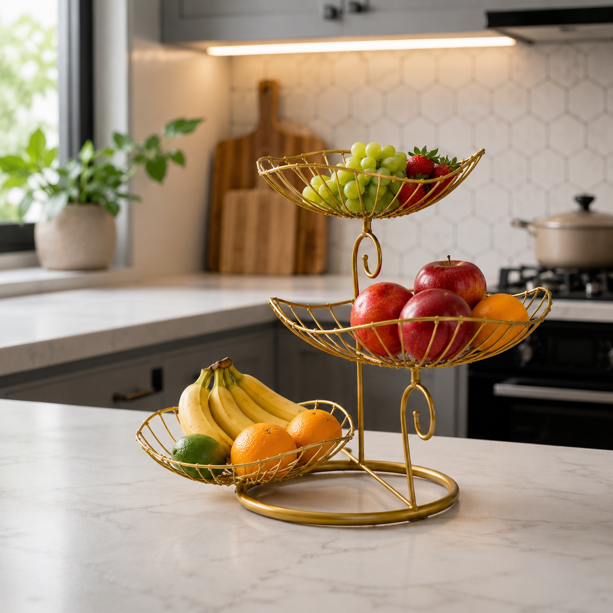 3-Tier Gold Metal Wire Fruit Basket Stand (YM1016)