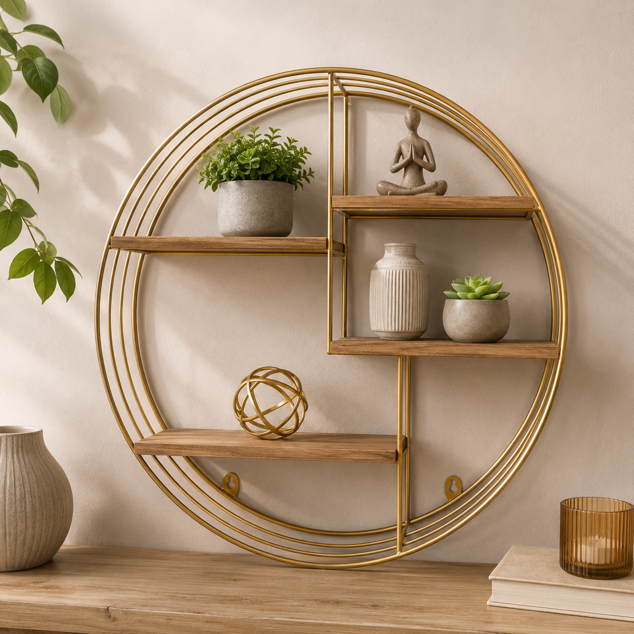 Round Gold Metal & Wood Wall Shelf (YM1030)