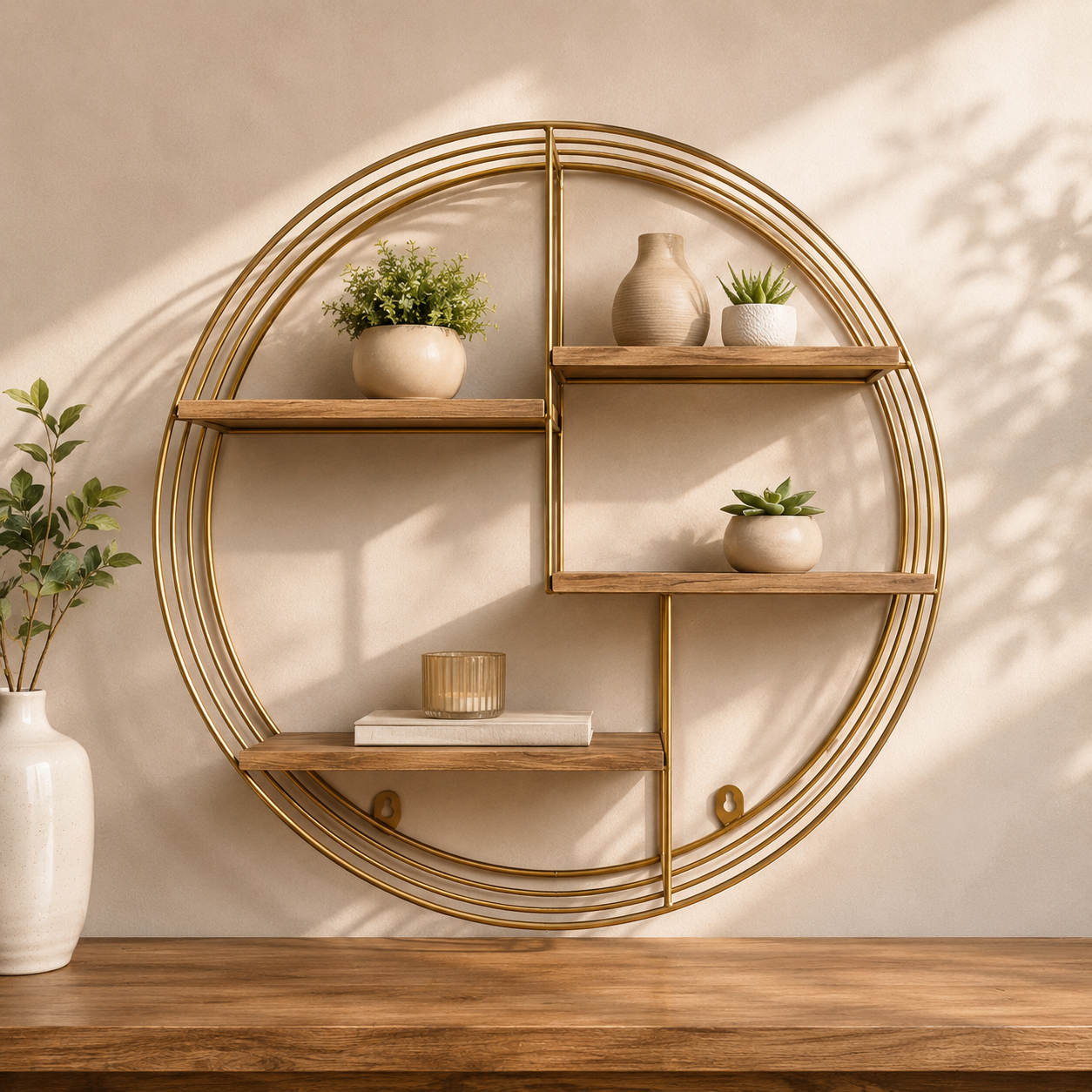 Round Gold Metal & Wood Wall Shelf (YM1030)