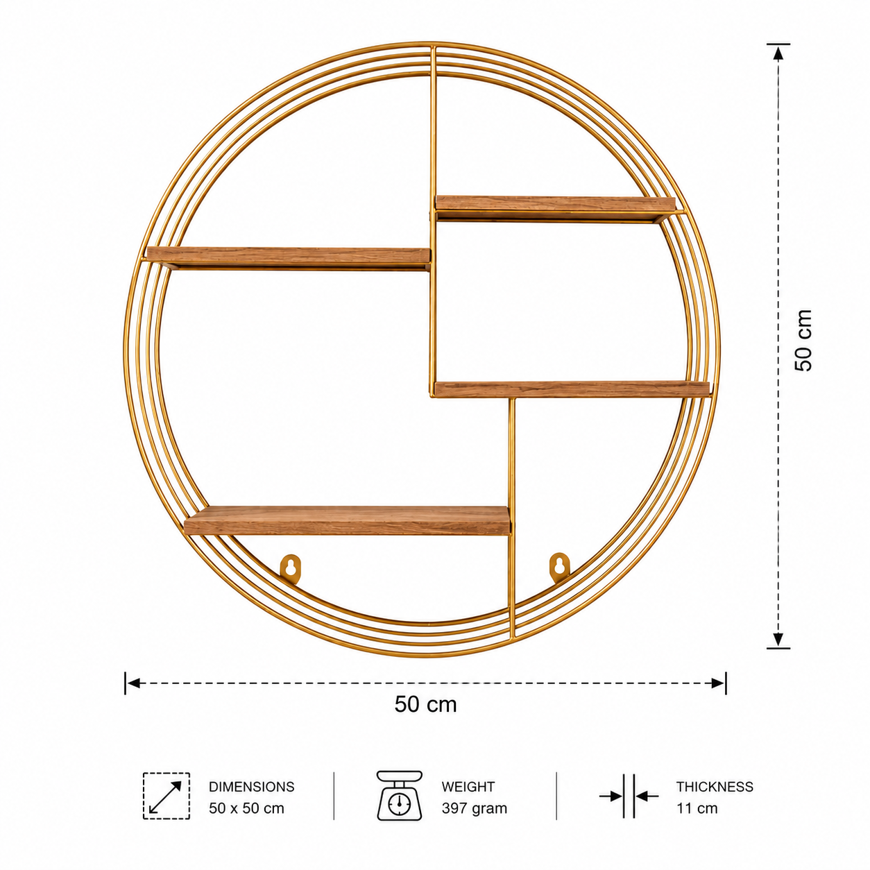 Round Gold Metal & Wood Wall Shelf (YM1030)
