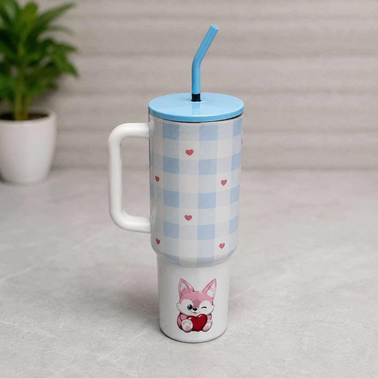 Blue Printed Insulated Tumbler Mug with Straw (YM2621)