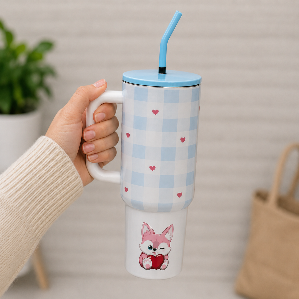 Blue Printed Insulated Tumbler Mug with Straw (YM2621)
