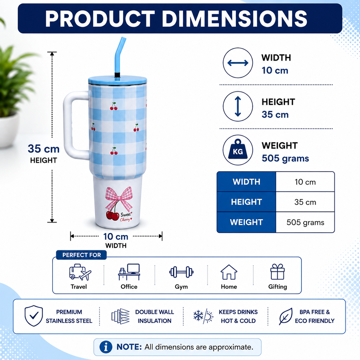 Blue Printed Insulated Tumbler Mug with Straw (YM2621)