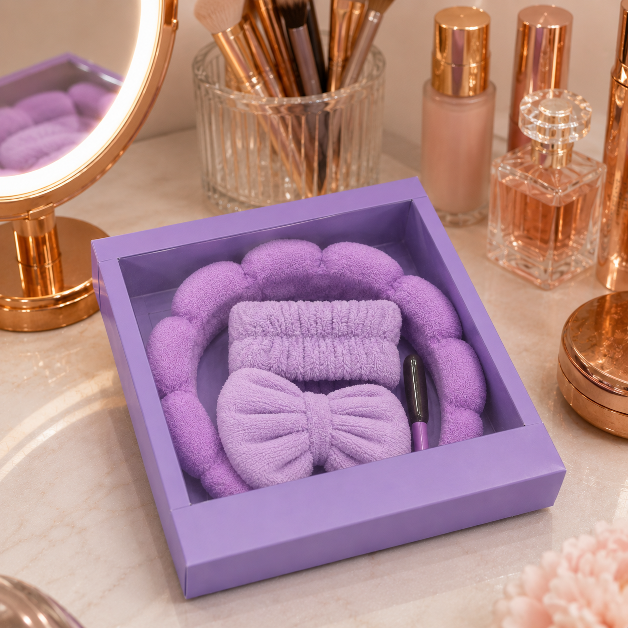 Purple Bow Plush Spa Headband Gift Set (YM947)