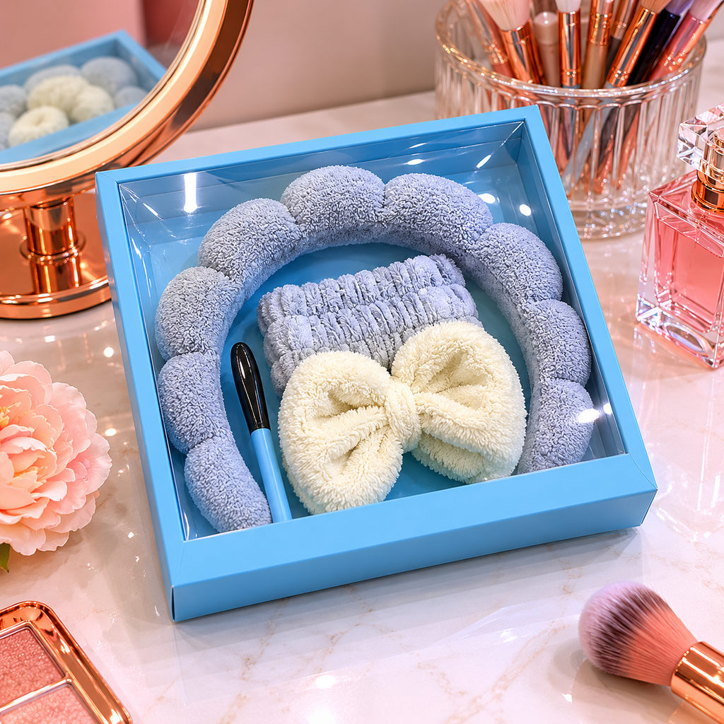 Blue Bow Plush Spa Headband Gift Set (YM947)