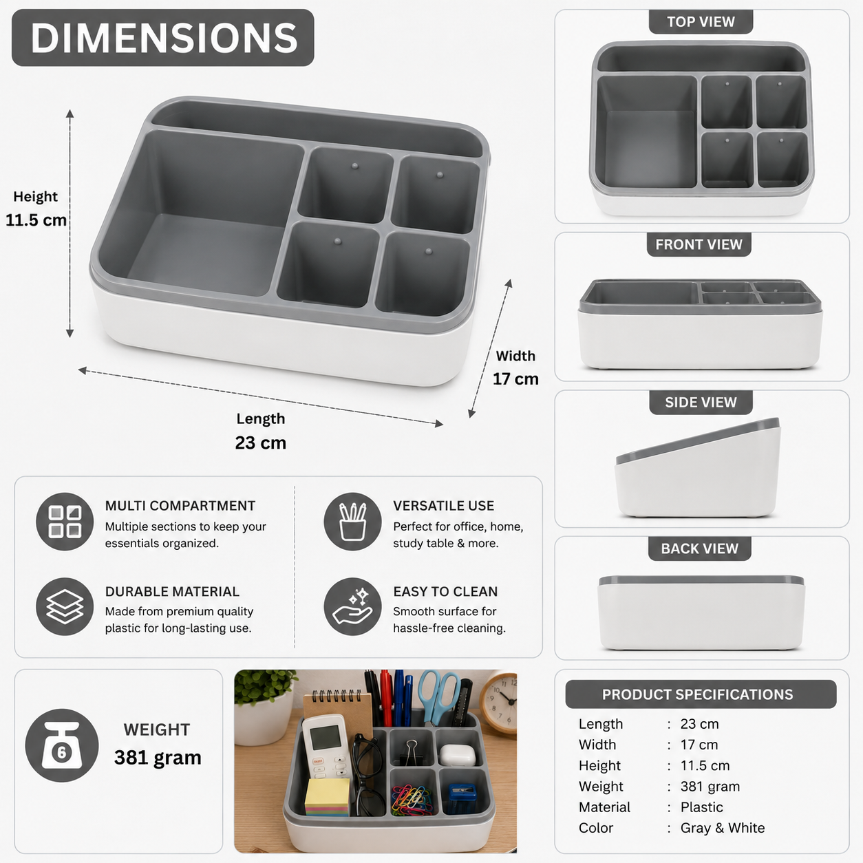 Grey Multi-Compartment Table Organizer (YM802)