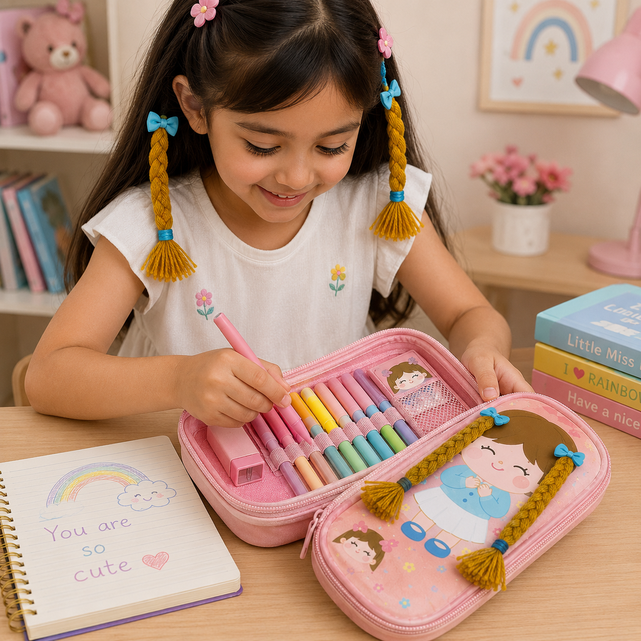 Pretty Girl Pink and Brown 3D Cartoon Pencil Case (YM818)