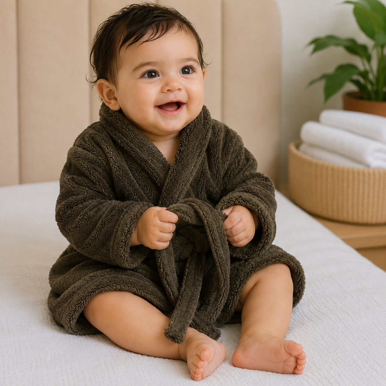 Grey Plush Fleece Bathrobe with Belt (YM752)