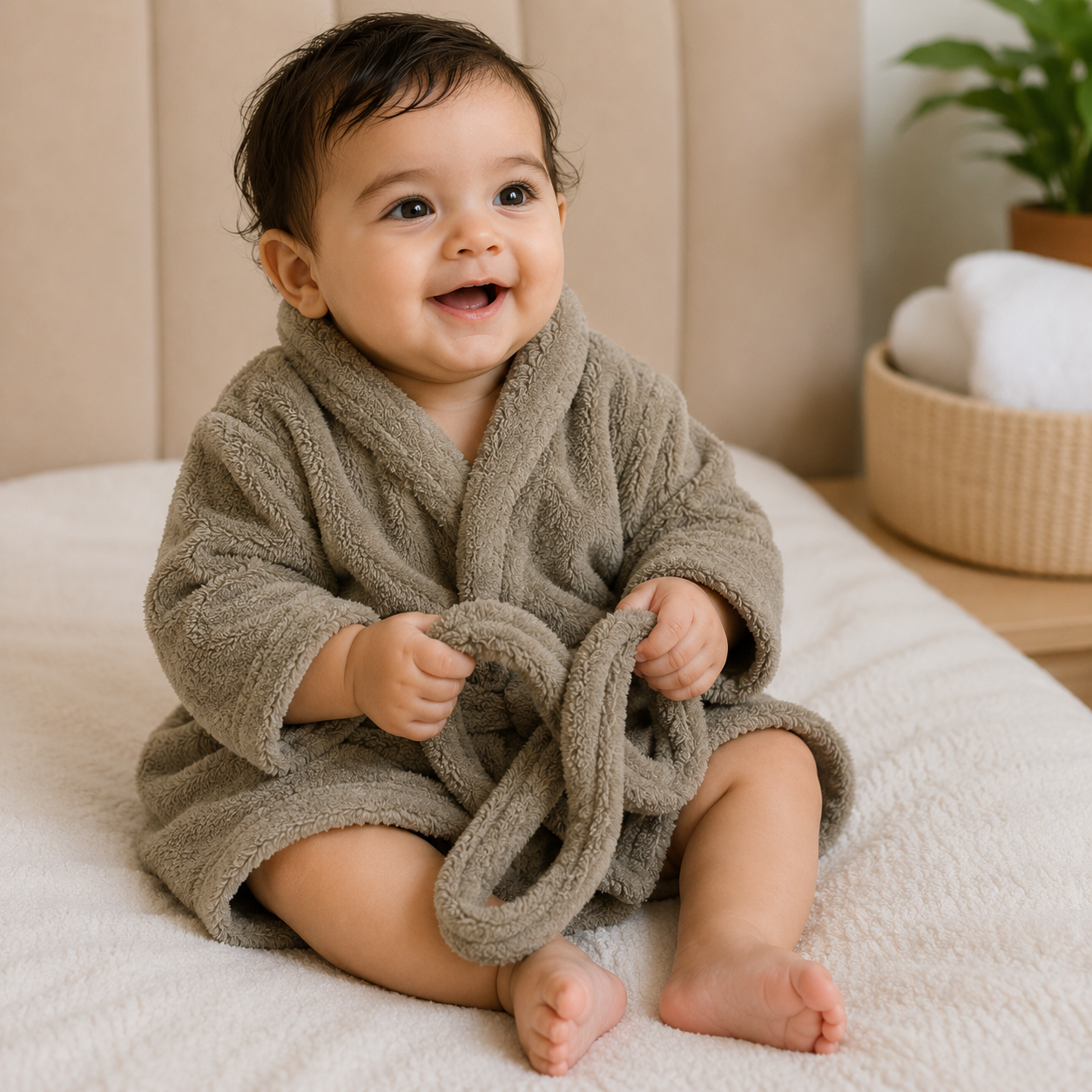 Light Grey Plush Fleece Bathrobe with Belt (YM752)