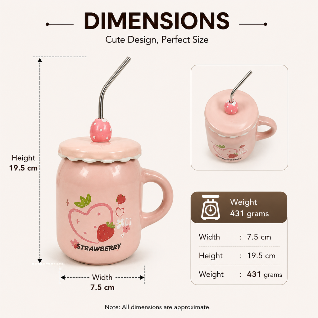 Pink Strawberry Ceramic Mug with Straw (YM465)