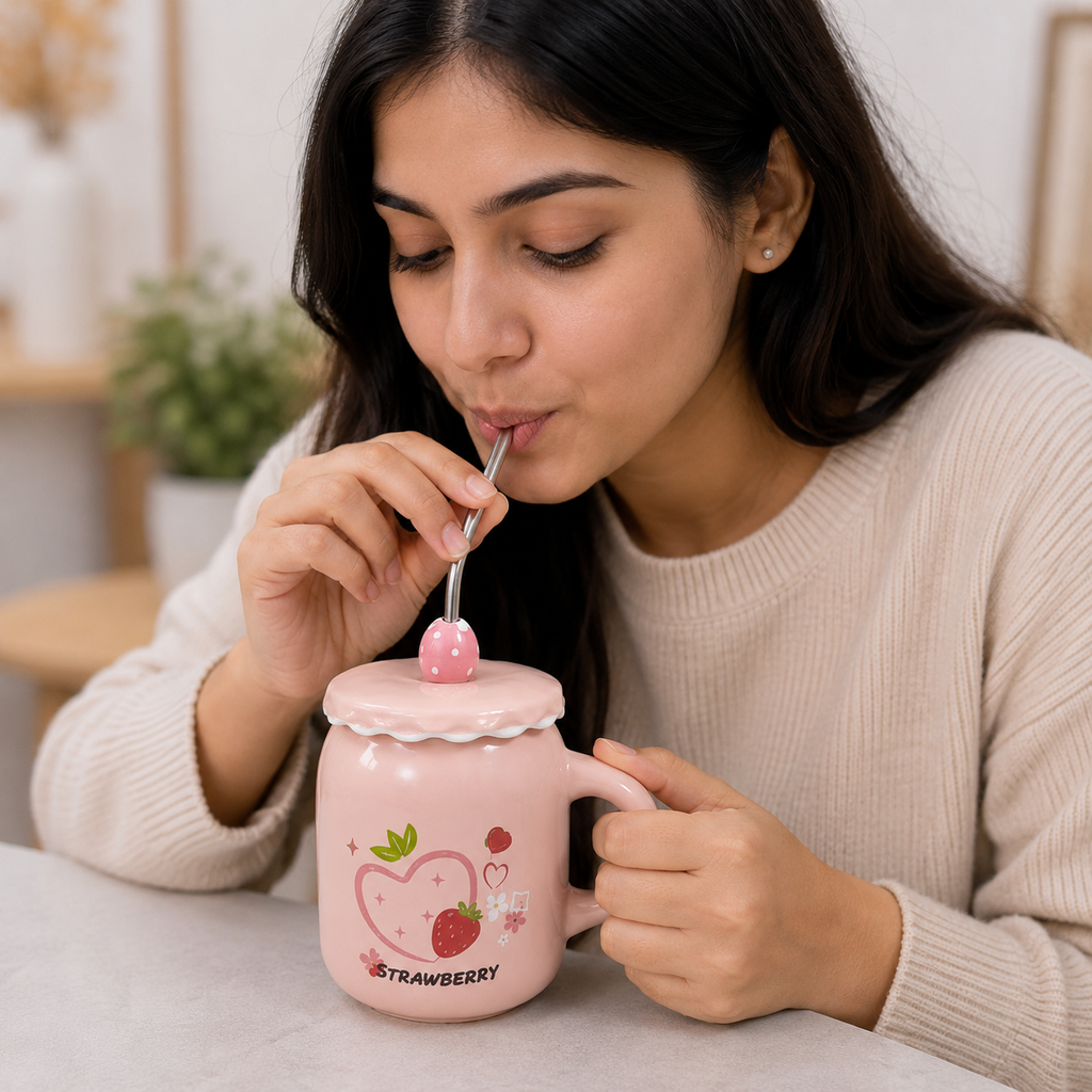 Pink Strawberry Ceramic Mug with Straw (YM465)