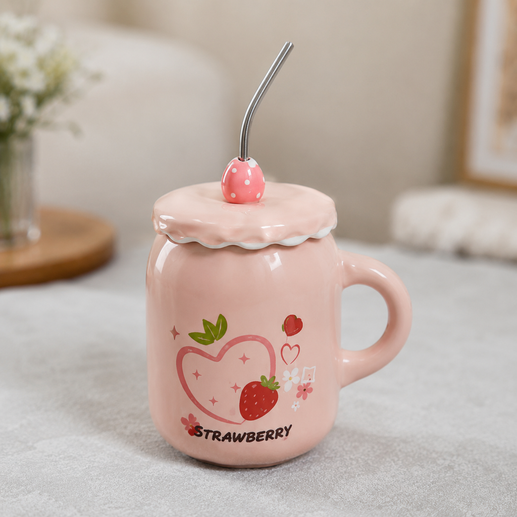 Pink Strawberry Ceramic Mug with Straw (YM465)