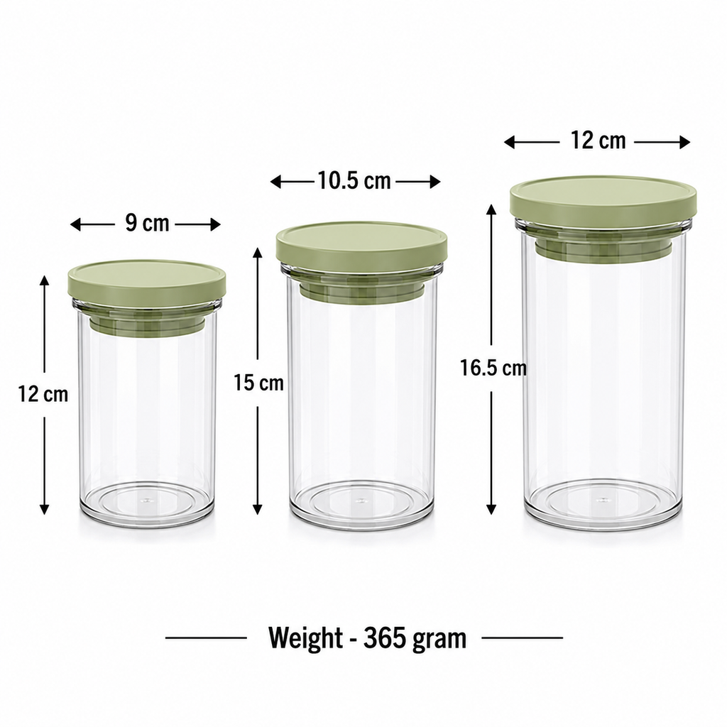 Set of 3 Glass Storage Jars with Green Lids (YM2685)