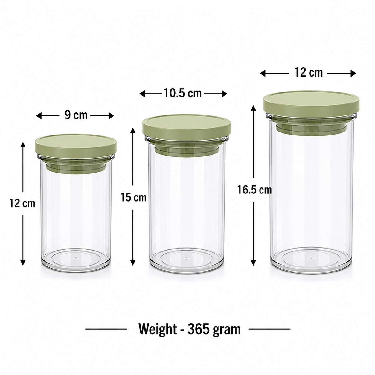 Set of 3 Glass Storage Jars with Green Lids (YM2685)