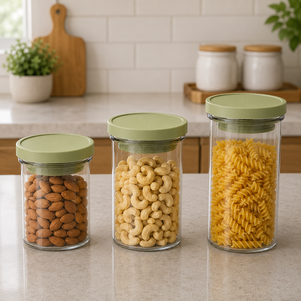 Set of 3 Glass Storage Jars with Green Lids (YM2685)